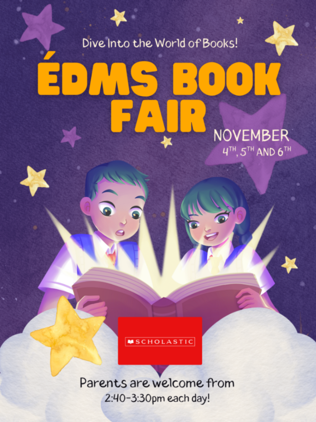 Purple and Orange Illustrative Watercolor Book Fair Poster