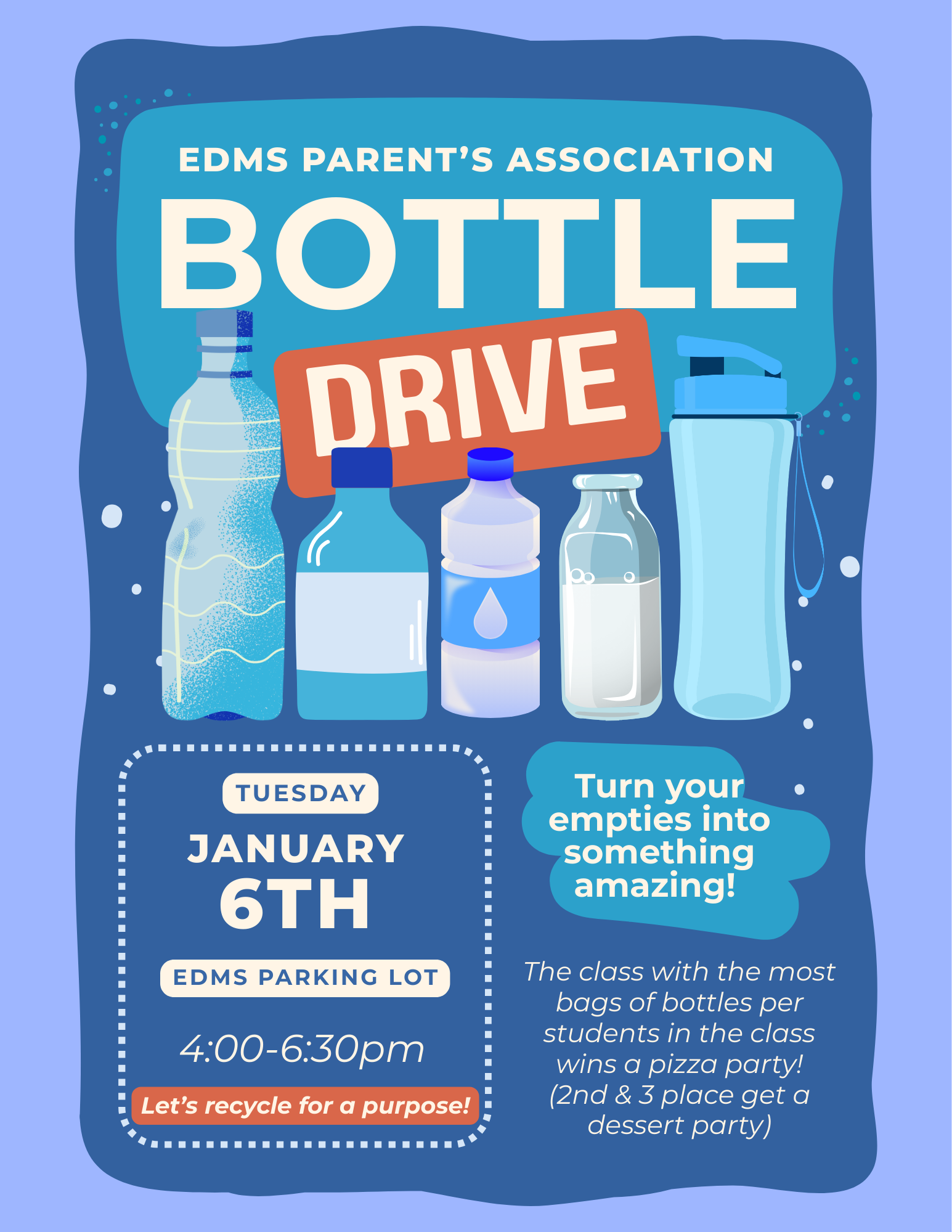 Blue & Red Illustrative Bottle Drive Flyer